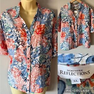 Northern Reflections short-sleeve button-up shirt coral Botanical print Linen XL